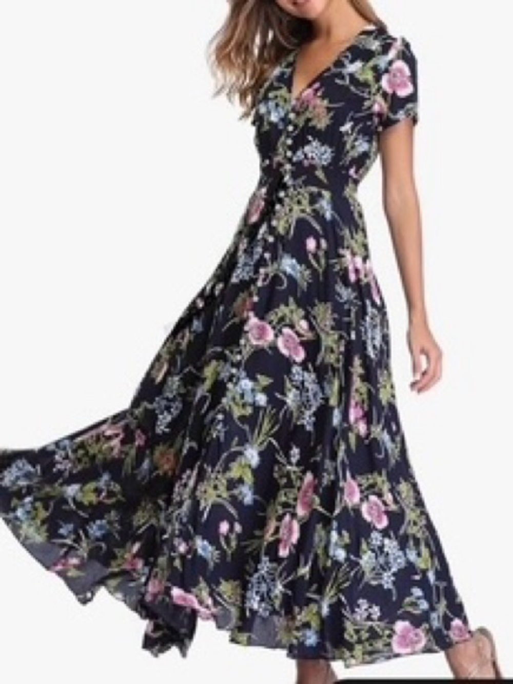 Floral V-Neck Maxi Dress - Navy with Pink & Blue Flowers